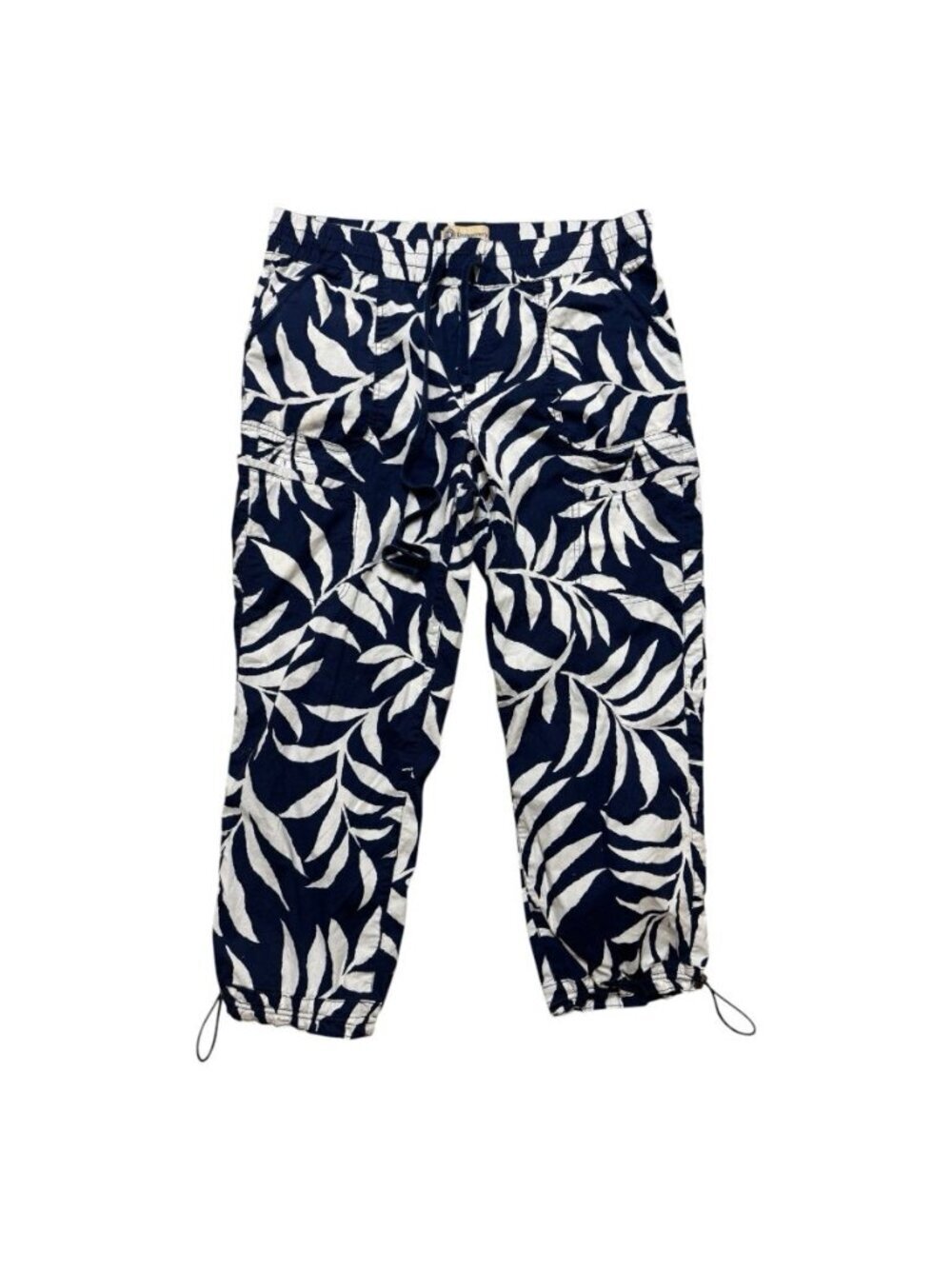 Democracy Size 14 Floral Cargo Capri Pants Blue White Drawstring Stretch Waist